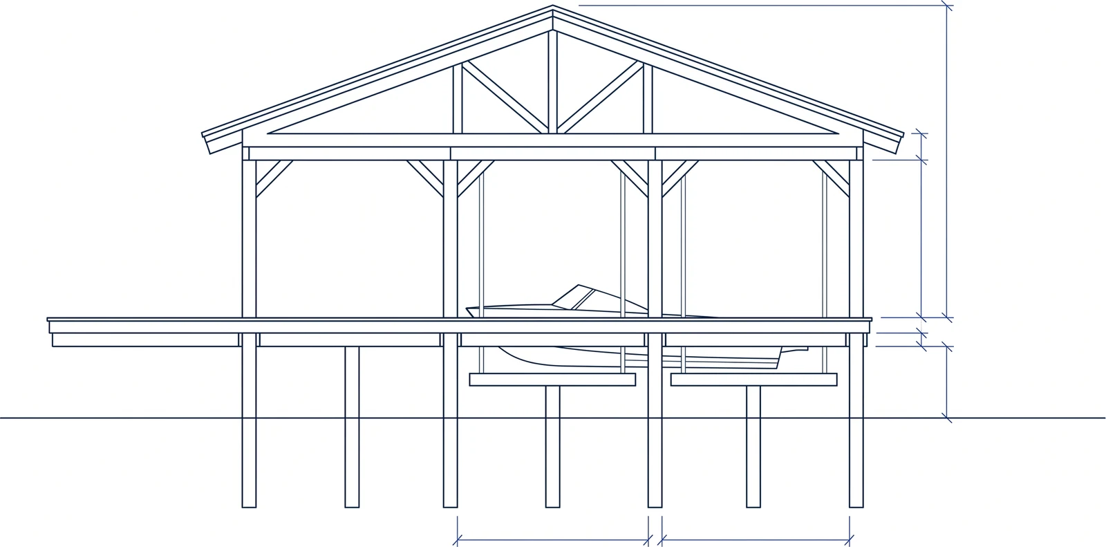 Technical elevation drawing of a covered dock: gable roof and trusses, deck platform, a boat on a lift in the open bay, and pilings running down to the waterline.